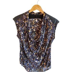 MAJE Blouse Cowl Neck Blouse Top Black Colorful Faux Suede Details Sleeveless 2